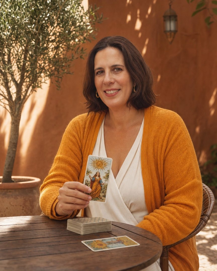Carmen con una carta de tarot en la mano